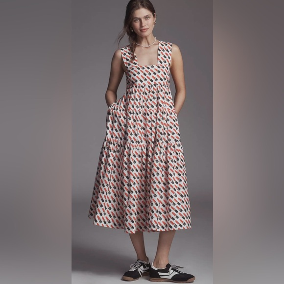 Anthropologie The Helena Square-Neck Smocked Tiered Midi Dress Lipstick Print